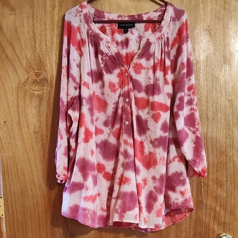 Lane Bryant Tie-Dye Popover Blouse Pink Purple ¾-Length Sleeve 100% Cotton 26/28